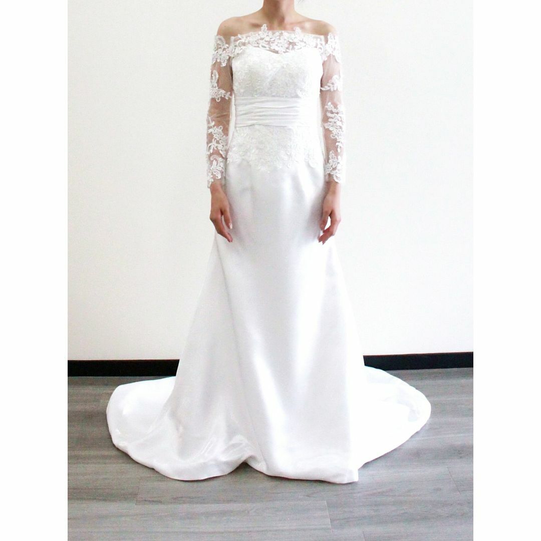 ウェディングドレス オフショルダー マーメイドライン 長袖 上品レース 結婚式