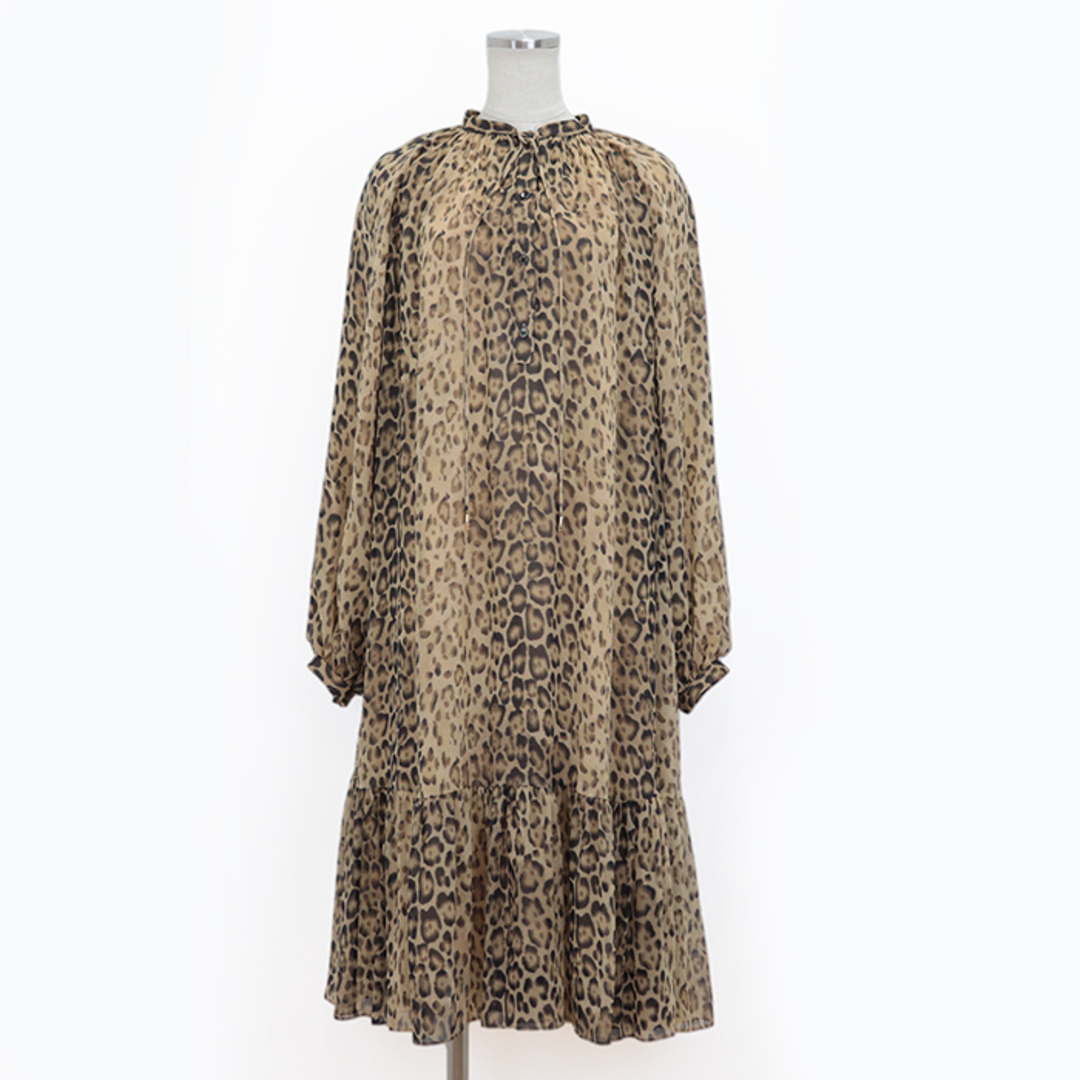 celine - 【美品】 セリーヌ レオパード 総柄 シフォン フレア ワンピース シルク100% ギャザー ドレープ レディース サイズ 38 ブラウン キャメル ベージュ フランス製 CELINE