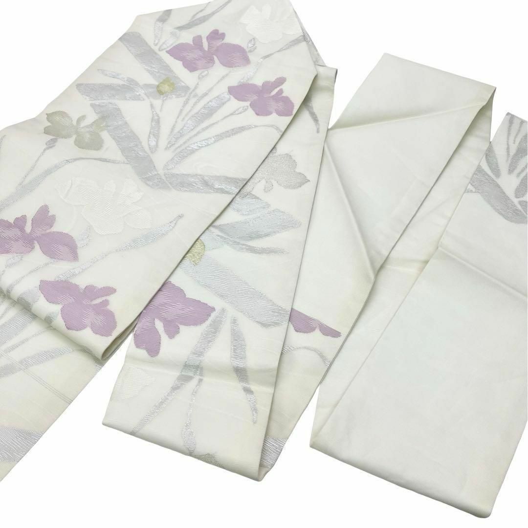 夏帯 名古屋帯 紗 菖蒲の花柄模様 金銀糸 乳白色 O-3787 夏帯 名古屋帯 紗 菖蒲の花柄模様 金銀糸 乳白色 O-3787