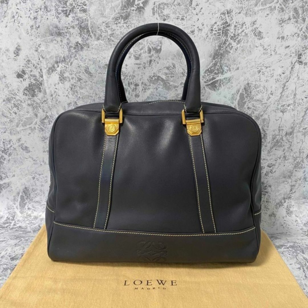 ロエベ LOEWE ボストンバッグ アナグラム 総柄 刻ん レザー ネイビー ロエベ LOEWE ボストンバッグ アナグラム 総柄 刻ん レザー ネイビー