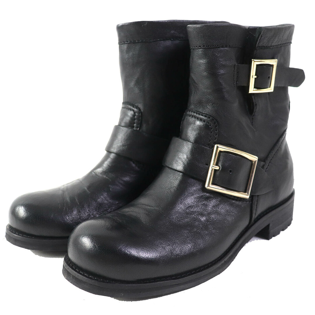JIMMY CHOO - 美品△JIMMY CHOO ジミーチュウ BIKER レザー バイカーブーツ エンジニアブーツ ショートブーツ ブラック ゴールド金具 35 保存袋付き イタリア製 レディース オススメ◎