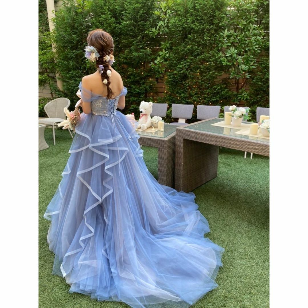ブルー カラードレス オフショルダー ラッフルフリル 花モチーフ ブルー カラードレス オフショルダー ラッフルフリル 花モチーフ