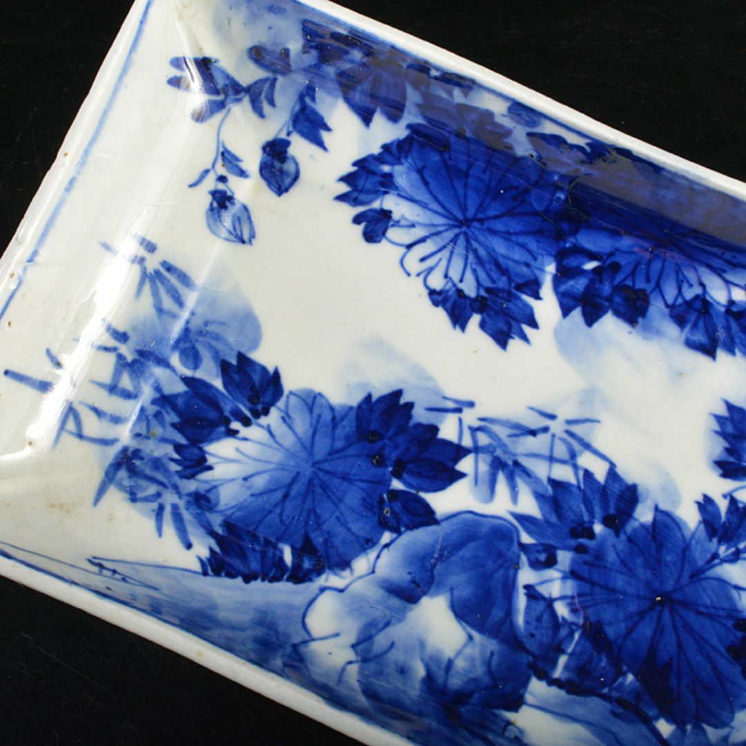 伊万里焼 染付 花文 四方皿 長方皿 5客 時代箱 V R7453F 伊万里焼 染付 花文 四方皿 長方皿 5客 時代箱 V R7453F