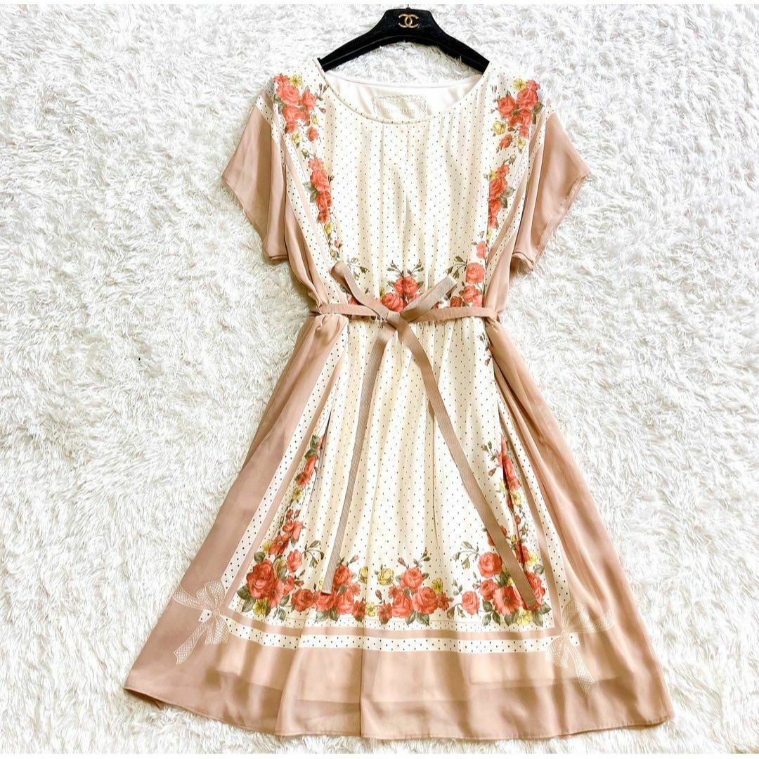 新品タグ付 ローズティアラ ワンピース ひざ丈 リボン とろみ 42 XL 新品タグ付 ローズティアラ ワンピース ひざ丈 リボン とろみ 42 XL