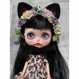 専用:クロとお花の猫耳(黒)ヘッドドレスのセット　カスタムアイシードール(人形)