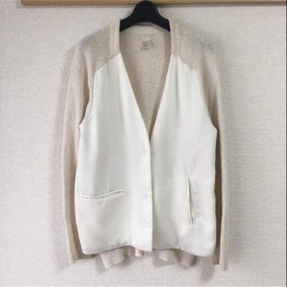 エイチアンドエム(H&M)の送料込！H&M ニット×布帛 ミックス素材ジャケットカーディガン 36 ホワイト(カーディガン)