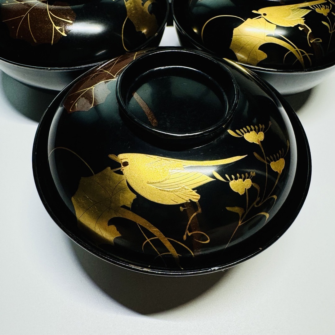漆器 輪島塗 金蒔絵 鳥花絵 木製 黒 蓋付椀 お煮物椀 吸物椀 10 漆器 輪島塗 金蒔絵 鳥花絵 木製 黒 蓋付椀 お煮物椀 吸物椀 10