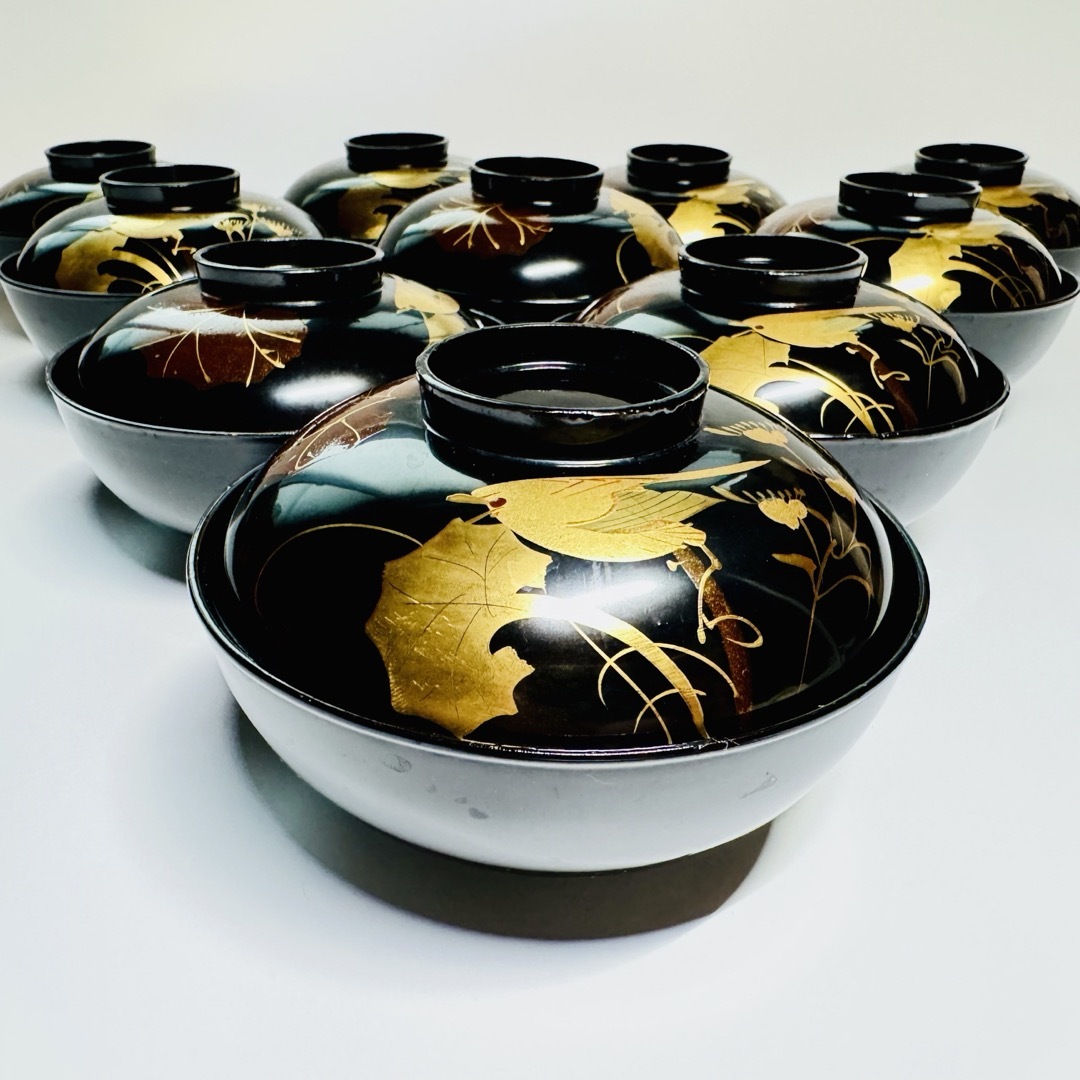 漆器 輪島塗 金蒔絵 鳥花絵 木製 黒 蓋付椀 お煮物椀 吸物椀 10 漆器 輪島塗 金蒔絵 鳥花絵 木製 黒 蓋付椀 お煮物椀 吸物椀 10