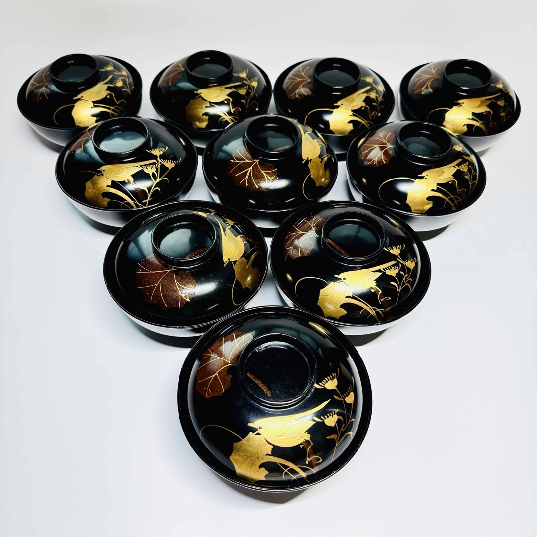 漆器 輪島塗 金蒔絵 鳥花絵 木製 黒 蓋付椀 お煮物椀 吸物椀 10 漆器 輪島塗 金蒔絵 鳥花絵 木製 黒 蓋付椀 お煮物椀 吸物椀 10