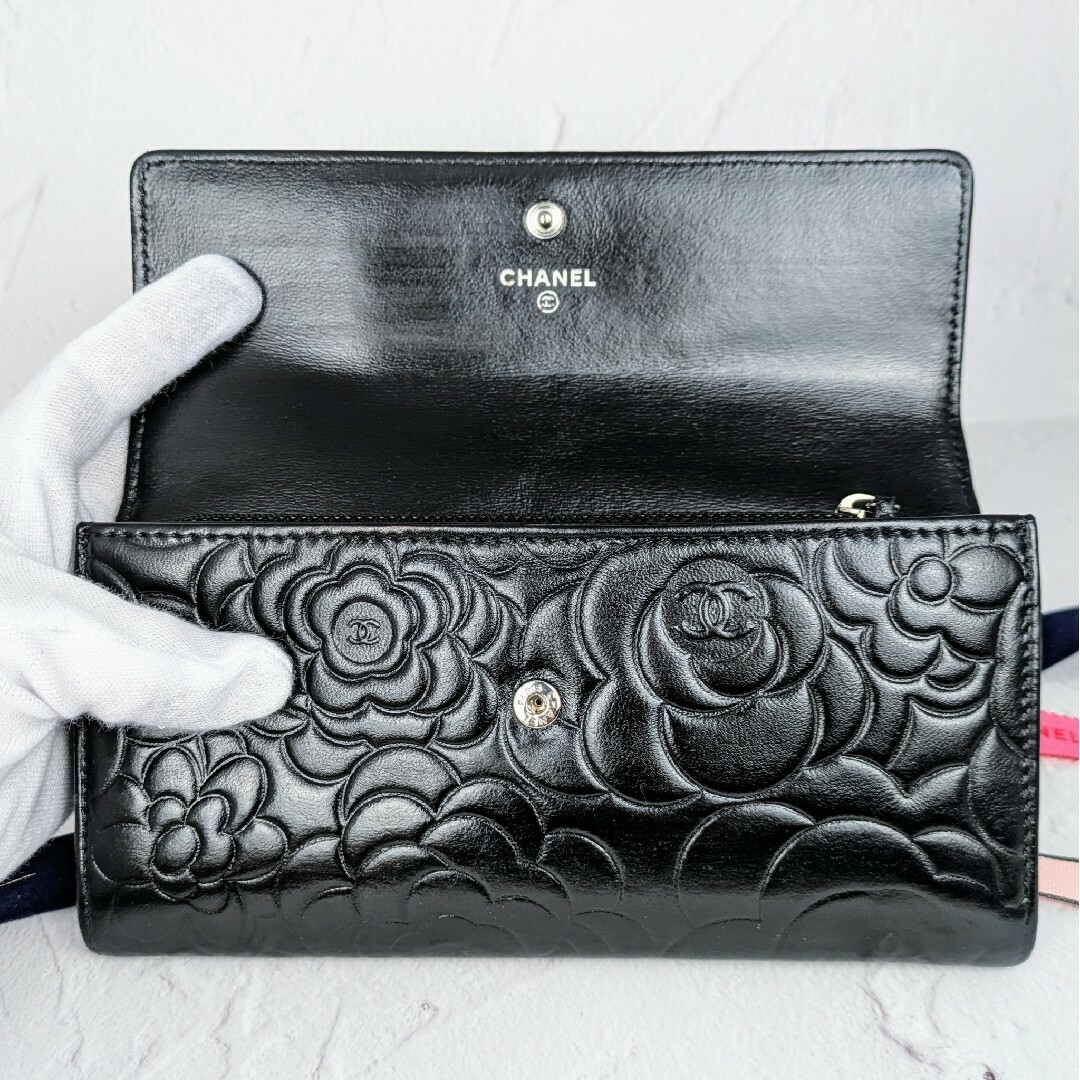 CHANEL シャネル カメリア フラップ長財布 ラムスキン 中古 美品 黒 CHANEL シャネル カメリア フラップ長財布 ラムスキン 中古 美品 黒