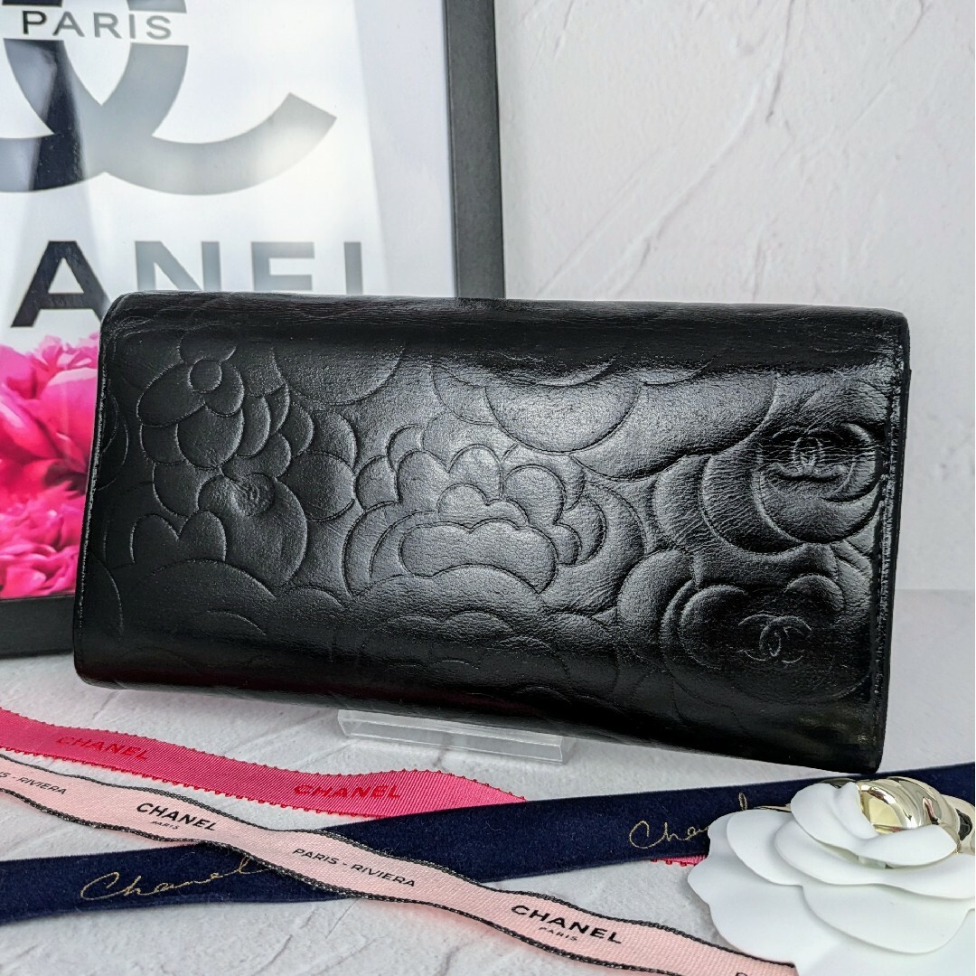 CHANEL シャネル カメリア フラップ長財布 ラムスキン 中古 美品 黒 CHANEL シャネル カメリア フラップ長財布 ラムスキン 中古 美品 黒