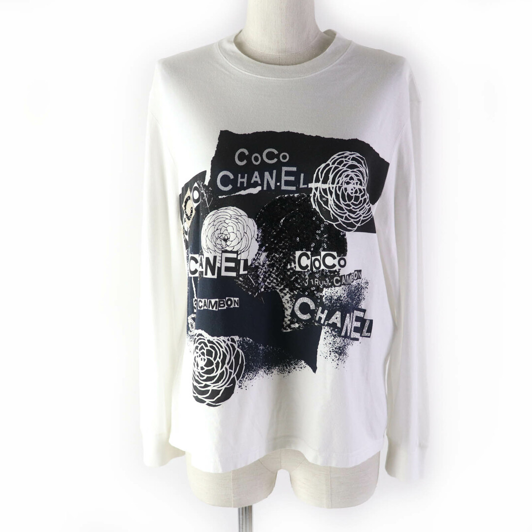 CHANEL - 美品★CHANEL シャネル P63300 コットン100％ スパンコール ココマーク カメリア ロゴデザイン 長袖 カットソー ホワイト ブラック S イタリア製 正規品 レディース