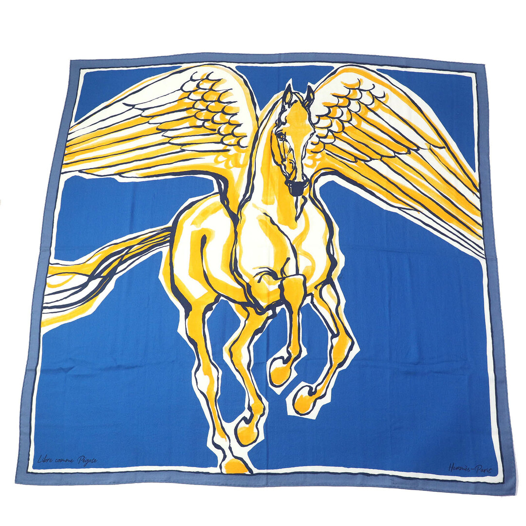 HERMES - 極美品△HERMES エルメス Libre Comme Pegase カシミヤ シルク BLEU COBALT/BLANC ペガサス カレ140 カレジェアン 大判 ショール スカーフ 箱付き フランス製 正規品 レディース オススメ◎