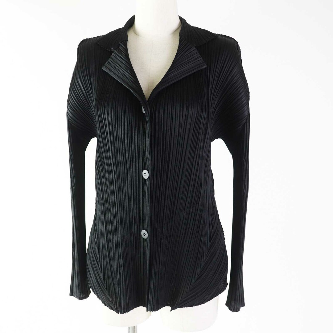 極美品◎PLEATS PLEASE プリーツプリーズ イッセイミヤケ PP51-JD144 ポリエステル シャツジャケット／長袖シャツ ブラック 3 日本製 正規品 レディース