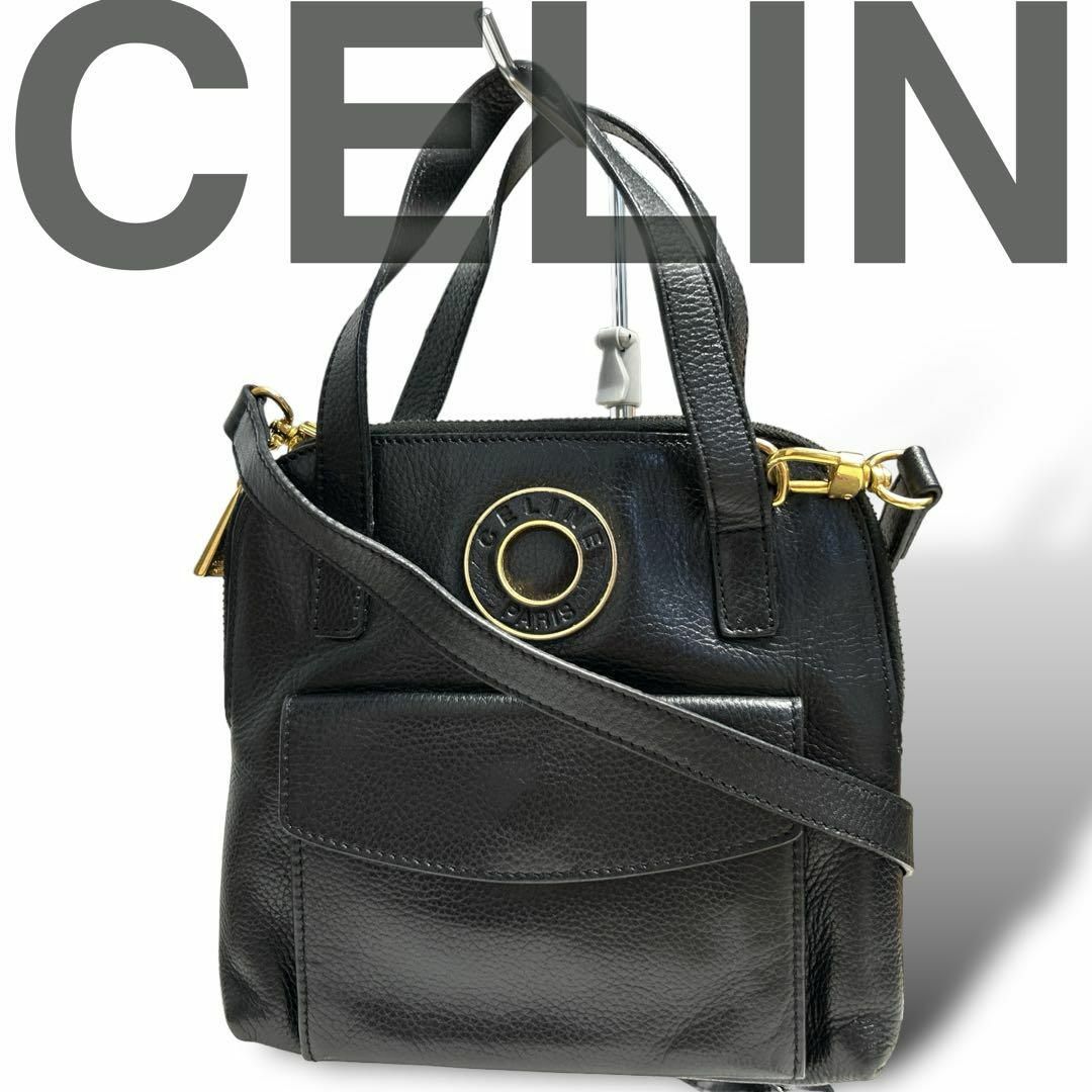 美品 CELINE ショルダーバッグ サークルロゴ 2way ブラック レザー