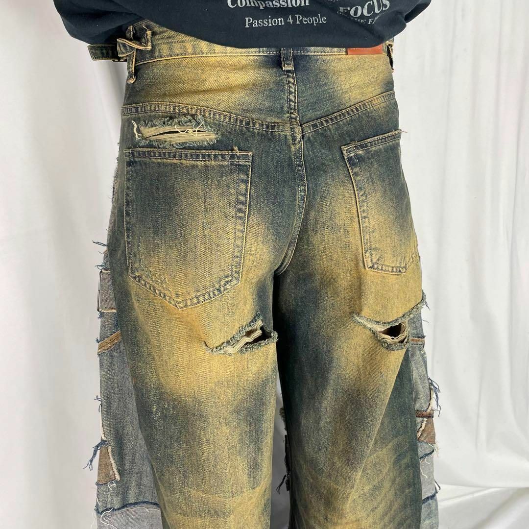 NR130 【リメイク】デニムフレアパンツ 再構築 袴パンツ y2kの NR130 【リメイク】デニムフレアパンツ 再構築 袴パンツ y2kの
