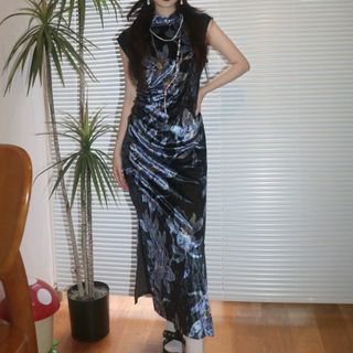 アメリヴィンテージ(Ameri VINTAGE)のSWAG ベルベット フレンチスリーブ チャイナ ワンピース ドレス 花柄(ロングワンピース/マキシワンピース)