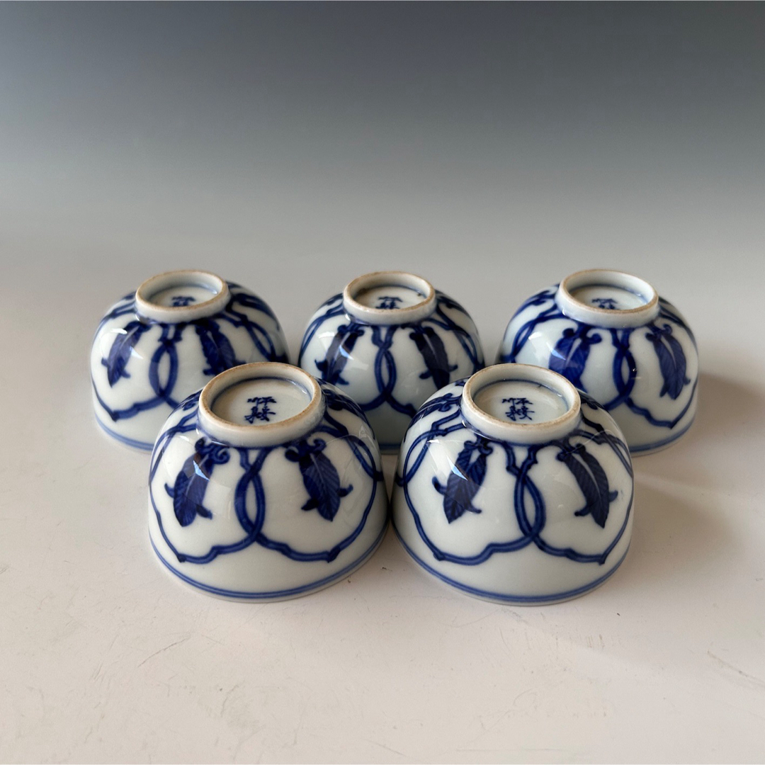 茶道具 染付 蓮弁文 煎茶茶碗 五客組 二代 三浦竹泉 青華 京焼 茶道具 染付 蓮弁文 煎茶茶碗 五客組 二代 三浦竹泉 青華 京焼