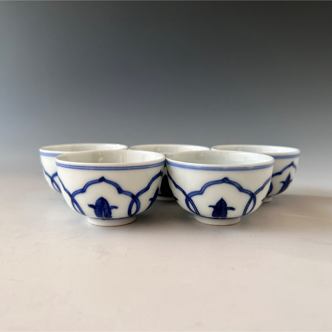 茶道具 染付 蓮弁文 煎茶茶碗 五客組 二代 三浦竹泉 青華 京焼 茶道具 染付 蓮弁文 煎茶茶碗 五客組 二代 三浦竹泉 青華 京焼