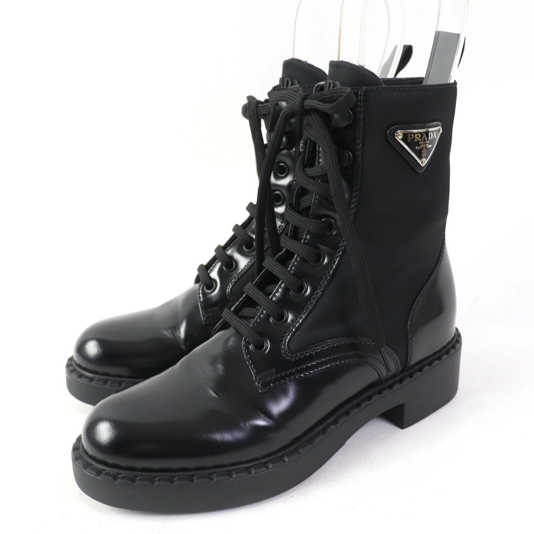 PRADA - 美品☆PRADA プラダ 1T782M Re Nylon トライアングルロゴ ブラッシュドレザー レースアップ ショートブーツ ブラック 37 箱付き イタリア製 レディース