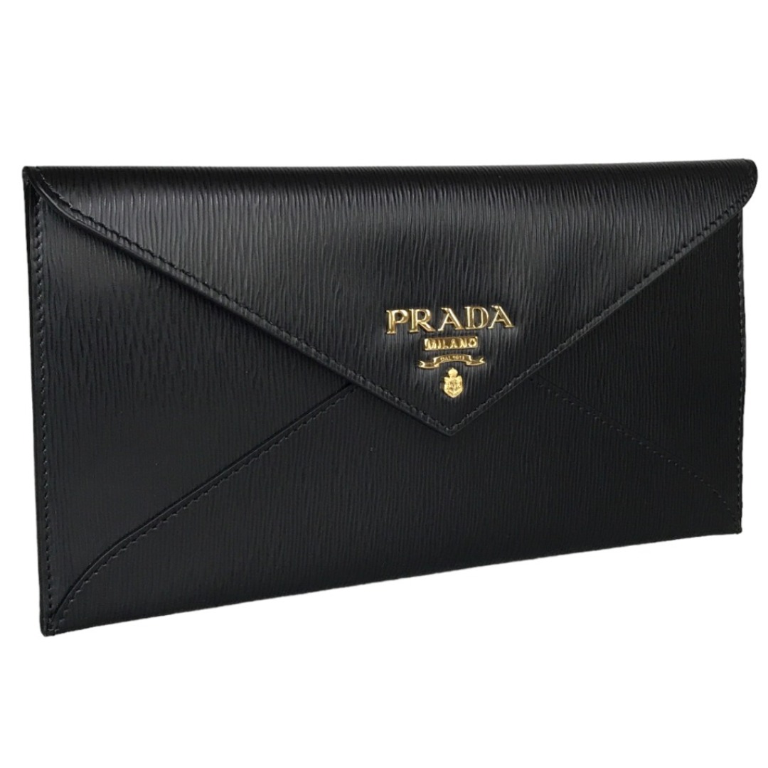 PRADA - PRADA プラダ エンベロープ 長財布 レディース レザー ブラック2つ折り 黒 1MF175 中古品【鑑定済】