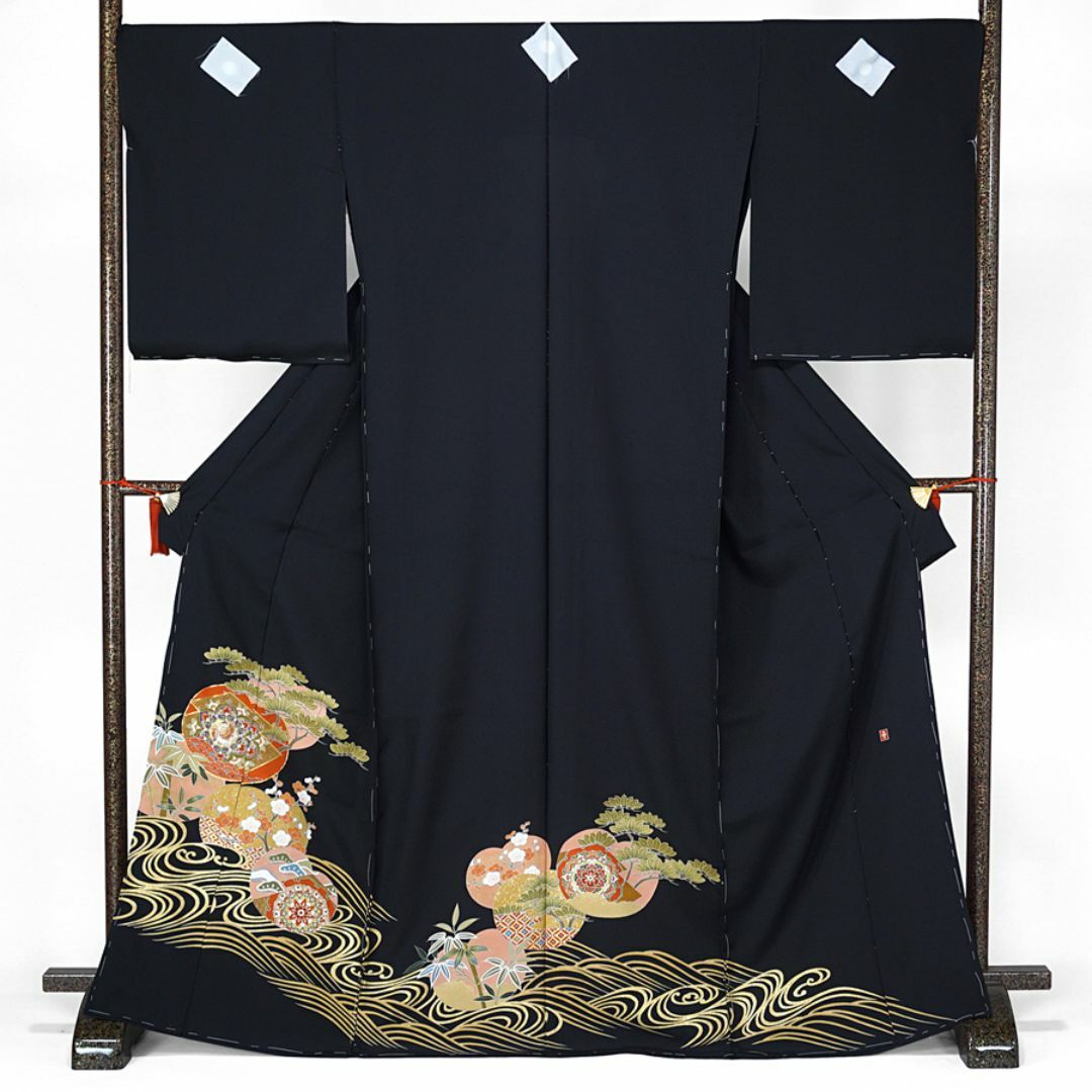 黒留袖 金駒刺繍 鳳凰 波文 丹後ちりめん 未仕立て 仮絵羽 在庫 黒留袖 金駒刺繍 鳳凰 波文 丹後ちりめん 未仕立て 仮絵羽 在庫