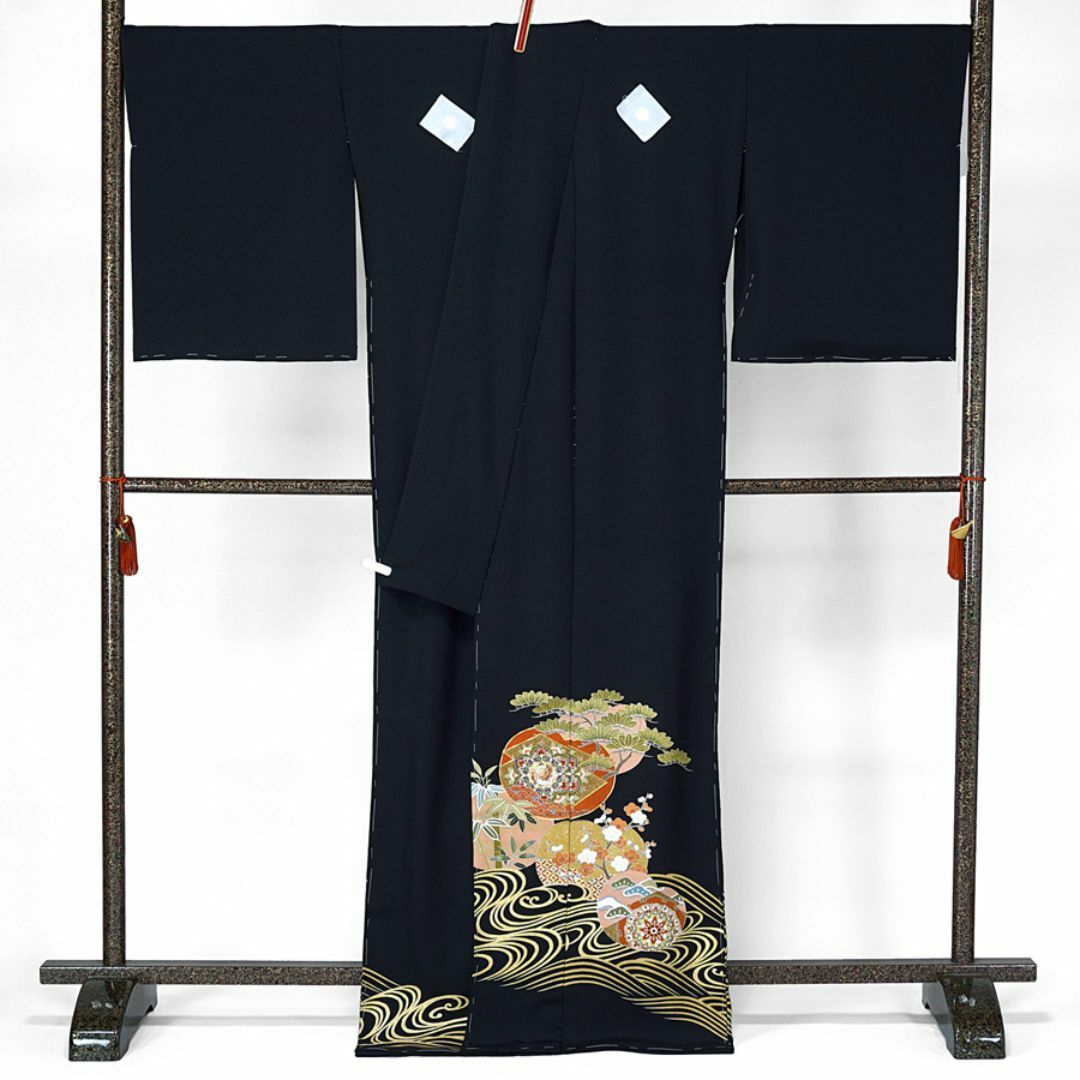 黒留袖 金駒刺繍 鳳凰 波文 丹後ちりめん 未仕立て 仮絵羽 在庫 黒留袖 金駒刺繍 鳳凰 波文 丹後ちりめん 未仕立て 仮絵羽 在庫