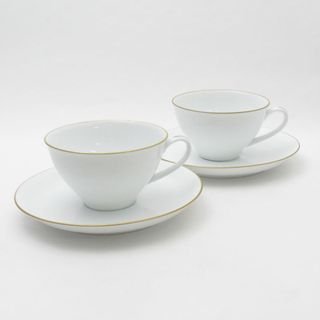 美品 OKURA 大倉陶園 ゴールドライン カップ＆ソーサー 2客 ペア コーヒー ティー クープシェープ 白磁 SO1385H (グラス/カップ)