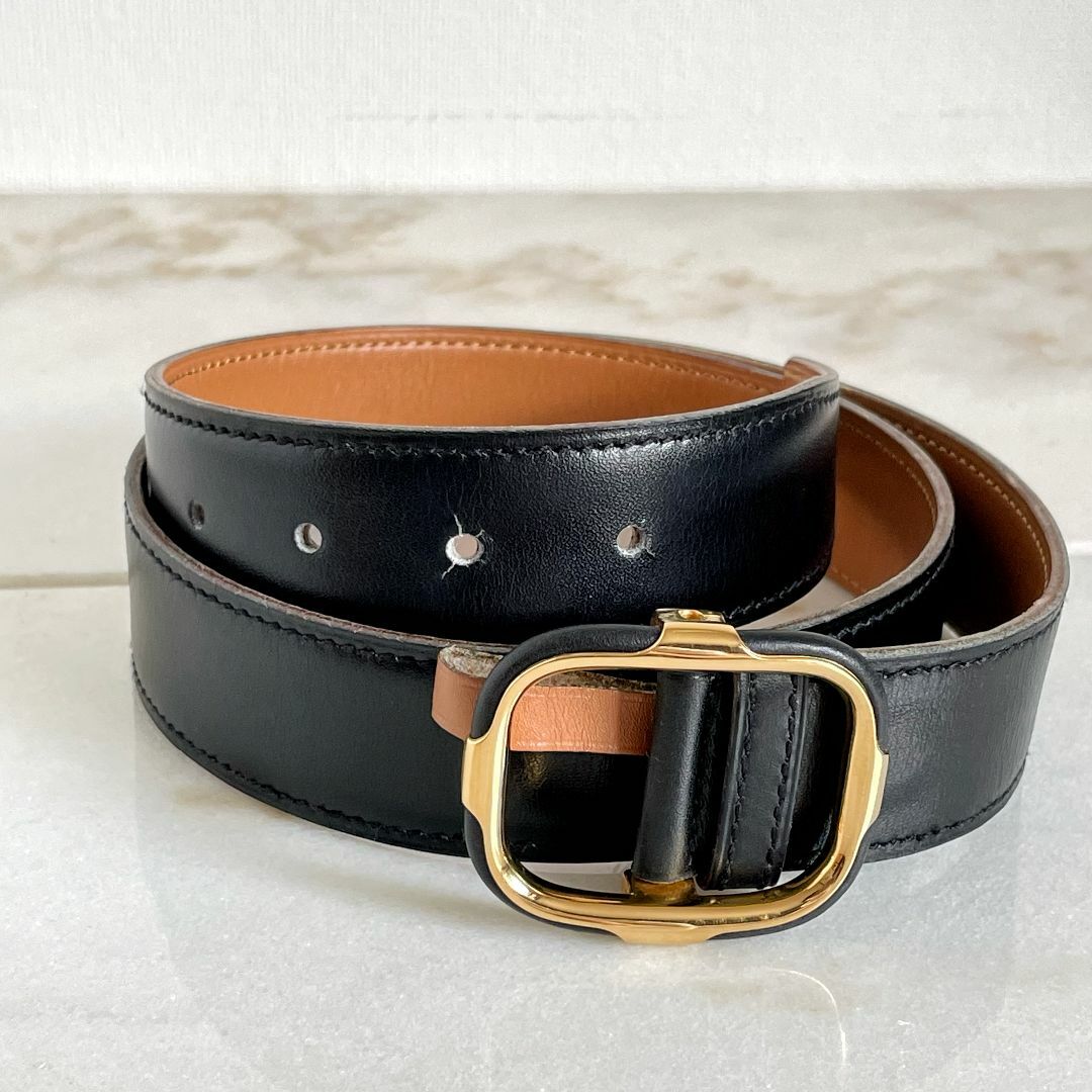 美品☆HERMES エルメス レザーベルト 黒茶 〇N刻印 本革 美品☆HERMES エルメス レザーベルト 黒茶 〇N刻印 本革