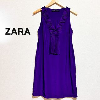 ザラ(ZARA)のZARABASIC　ザラ　ワンピース　ミニ　パープル　袖なし　Vネック　フリンジ(ミニワンピース)