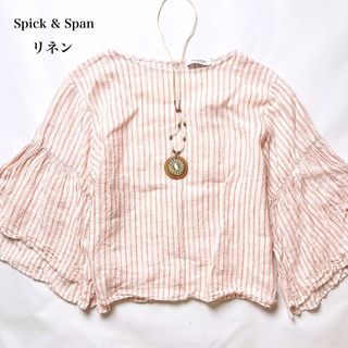スピックアンドスパン(Spick & Span)のスピックアンドスパン　バタフライスリーブブラウス　ストライプ　赤白　リネン麻(シャツ/ブラウス(半袖/袖なし))