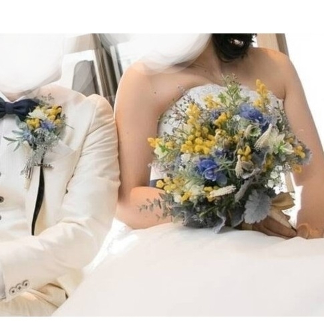 ウェディングブーケ&ブートニア ミモザ他 黄・青系 造花 結婚式 ウェディングブーケ&ブートニア ミモザ他 黄・青系 造花 結婚式