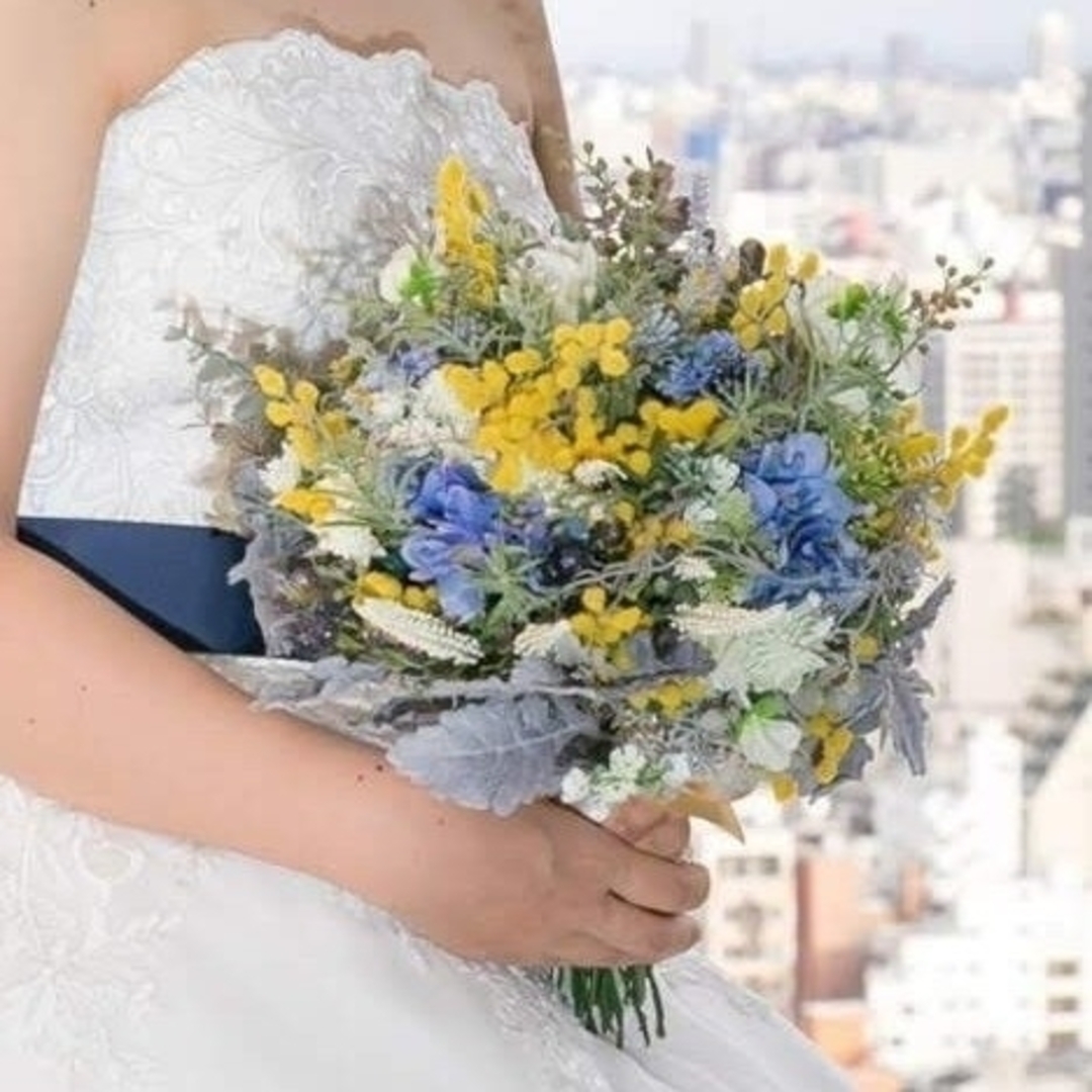 ウェディングブーケ&ブートニア ミモザ他 黄・青系 造花 結婚式 ウェディングブーケ&ブートニア ミモザ他 黄・青系 造花 結婚式
