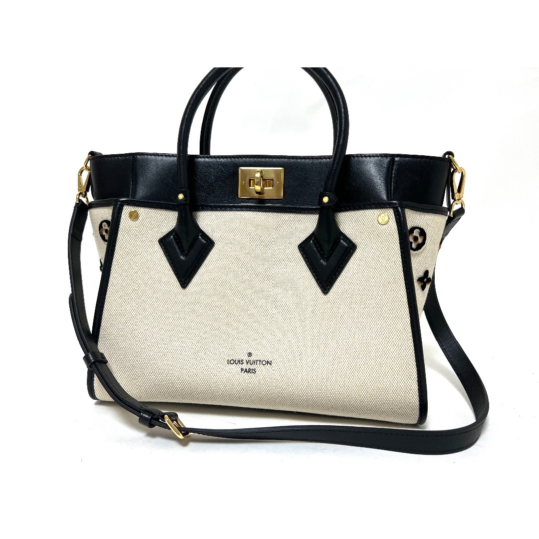 LOUIS VUITTON - LOUIS VUITTON ルイウ゛ィトン オンマイサイドMM ２WAY トートバッグ レザー キャンバス ブラック オフホワイト ICタグ M59842 美品