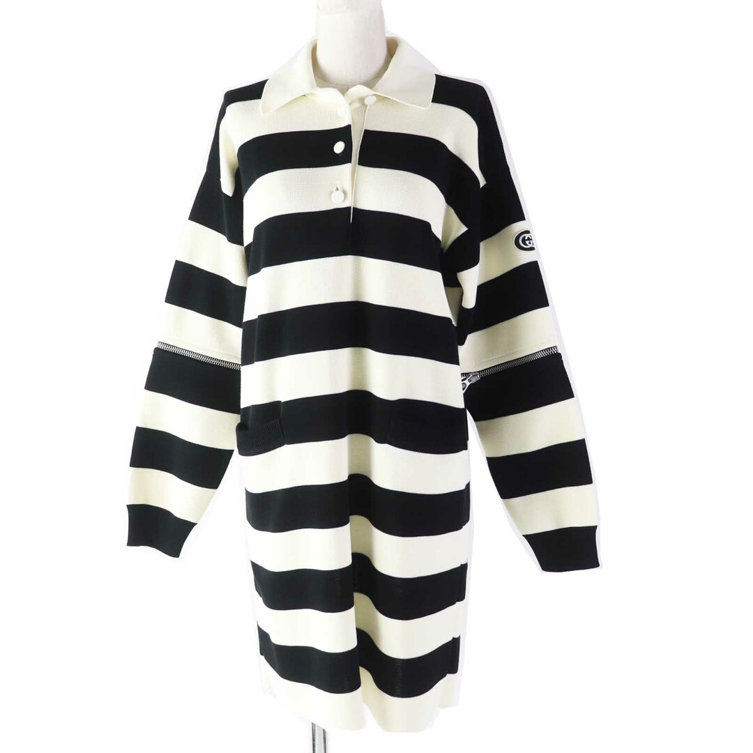 GUCCI - 極美品◎GUCCI グッチ 23SS 731592 ロゴワッペン付き ボーダー柄 2WAY 袖ZIP付き ニット ワンピース ホワイト ブラック S イタリア製 正規品 レディース