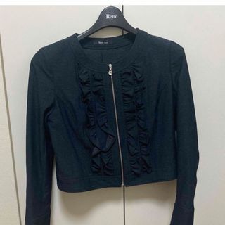 美品️ルネ Rene ノーカラージャケット デニム フリル ネイビー 36 美品️ルネ Rene ノーカラージャケット デニム フリル ネイビー 36