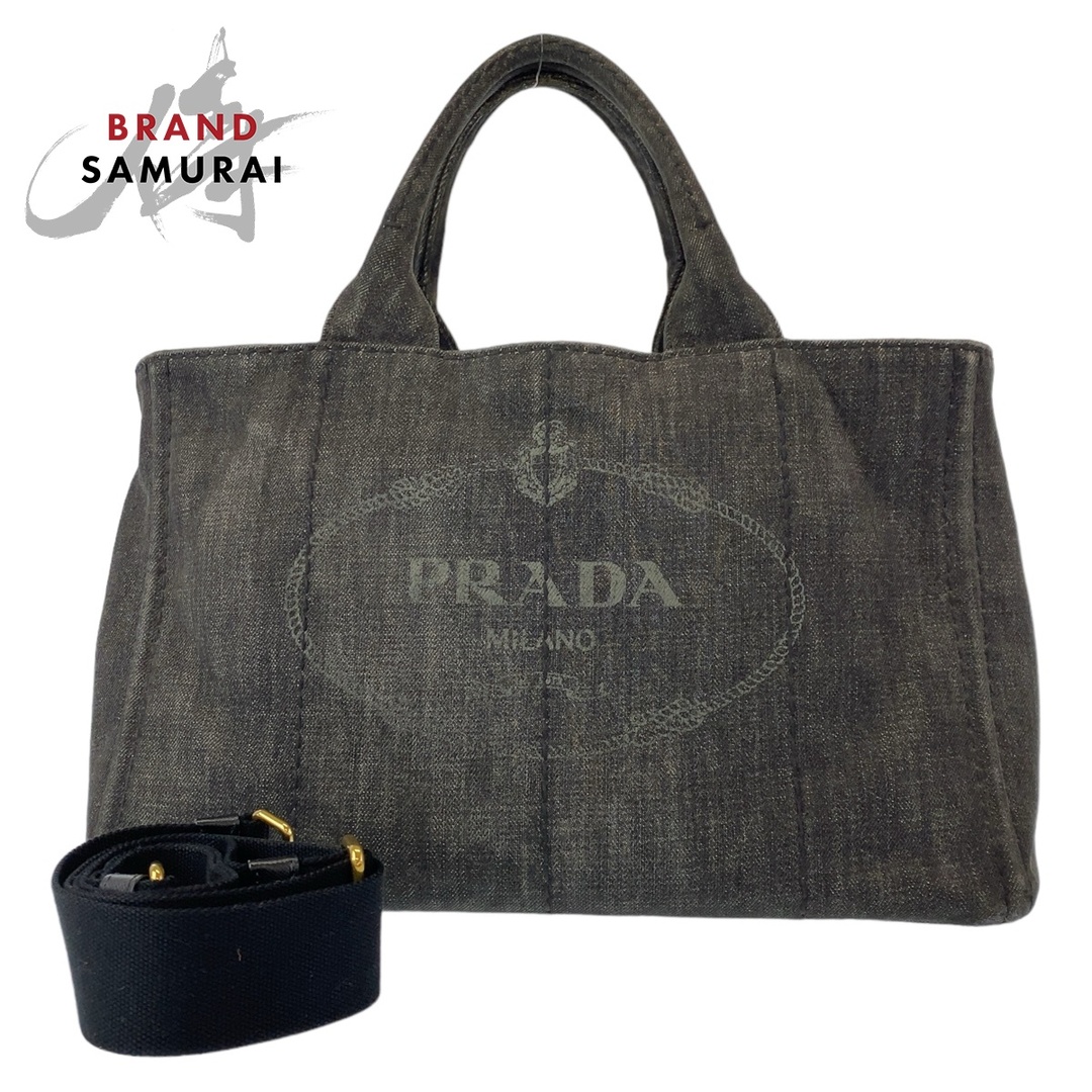 PRADA プラダ カナパ 三角ロゴプレート グレー ゴールド金具 コットンデニム 2way トートバッグ 斜め掛け ショルダーバック レディース 407005 【中古】