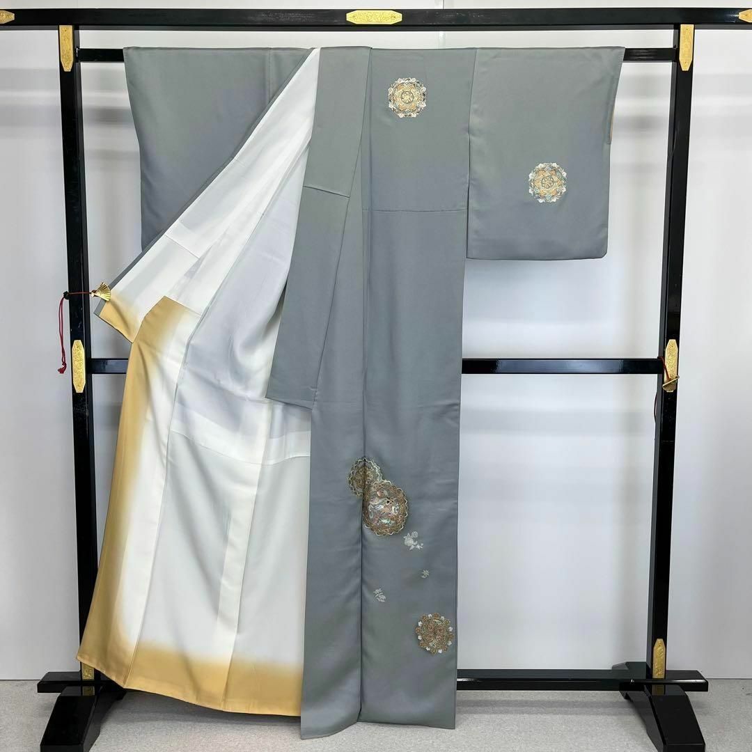 付下げ 螺鈿 煌びやかな花柄に鳥模様 美しい金銀彩 薄青鈍色 K-3750 付下げ 螺鈿 煌びやかな花柄に鳥模様 美しい金銀彩 薄青鈍色 K-3750