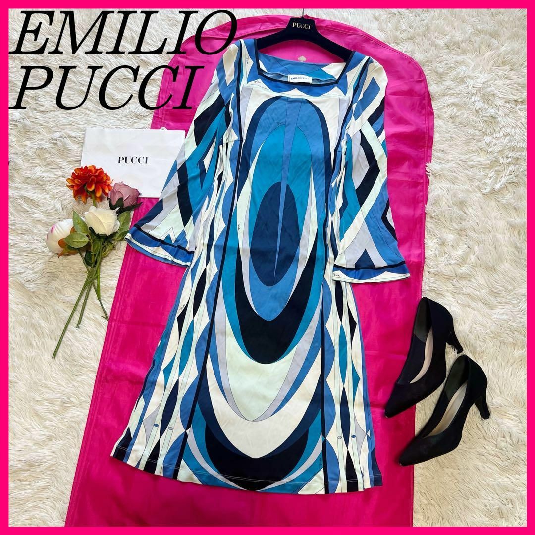 良品】EMILIO PUCCI プッチ柄 膝丈ワンピース ベルスリーブ 良品】EMILIO PUCCI プッチ柄 膝丈ワンピース ベルスリーブ