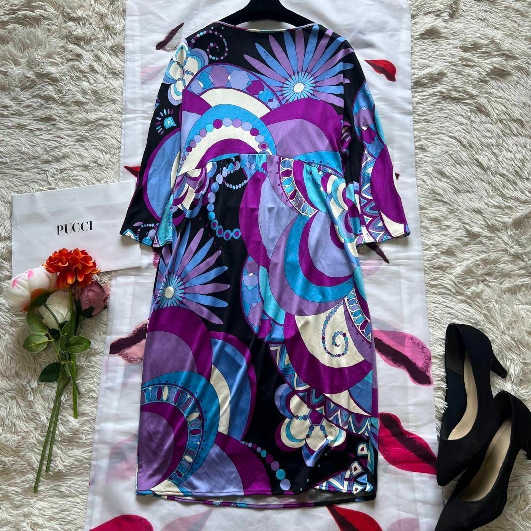 美品】EMILIO PUCCI 膝丈ワンピース プッチ柄 カシュクール 七分袖 美品】EMILIO PUCCI 膝丈ワンピース プッチ柄 カシュクール 七分袖