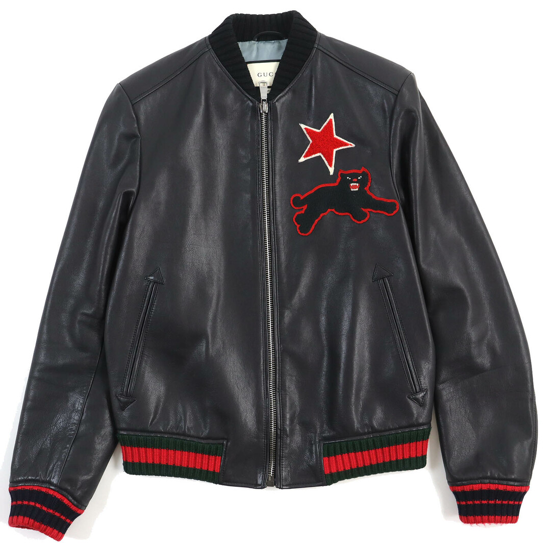 GUCCI - 美品△GUCCI グッチ 454035 パンサー ワッペン ジップアップ レザー ジャケット ボンバージャケット ブラック レッド 44 イタリア製 正規品 メンズ
