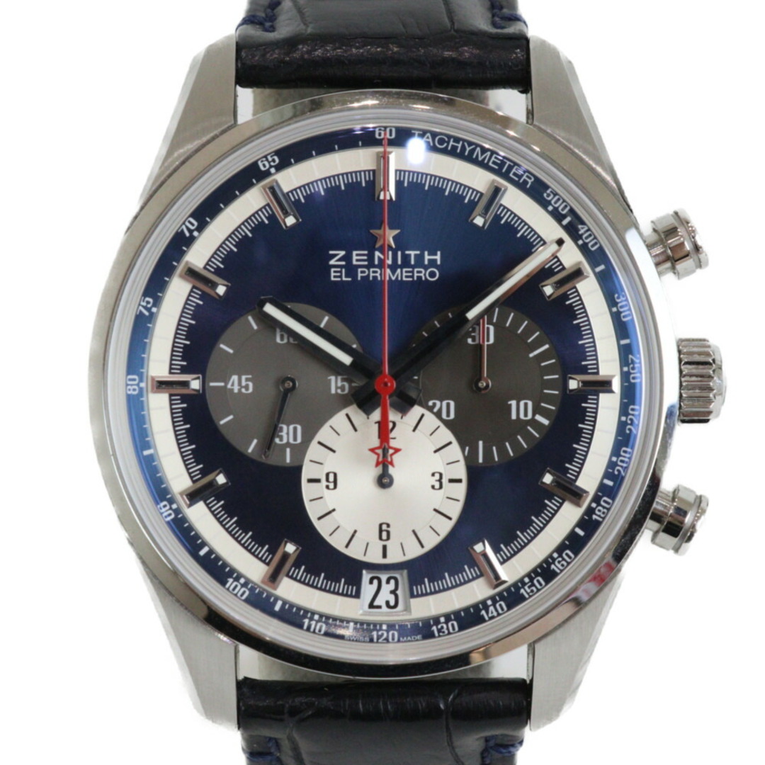 ZENITH(ゼニス)の【ギャラ有】ZENITH　ゼニス　エル・プリメロ36000VPH　03.2040.400/53.C700　自動巻き　クロノグラフ　デイト　SS　レザー　ネイビー　メンズ　腕時計【中古】松山朝生田店 メンズの時計(腕時計(アナログ))の商品写真
