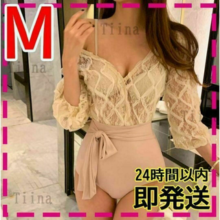 M ベージュ ピンク シフォン 韓国 ワンピース 水着 レース 体型カバー(水着)