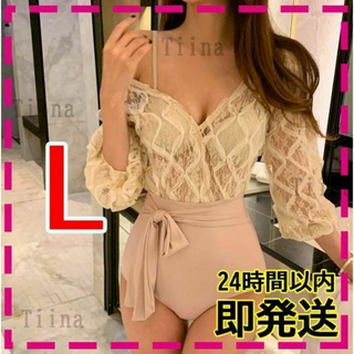 L ベージュ ピンク シフォン 韓国 ワンピース 水着 レース 体型カバー(水着)
