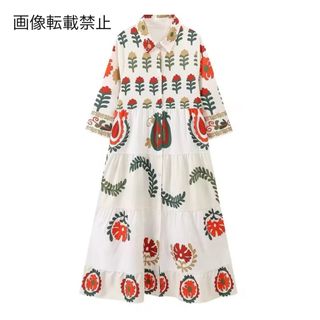 🐚7月新作🏖️14821◆vintage レトロ 柄 シャツワンピース(ひざ丈ワンピース)