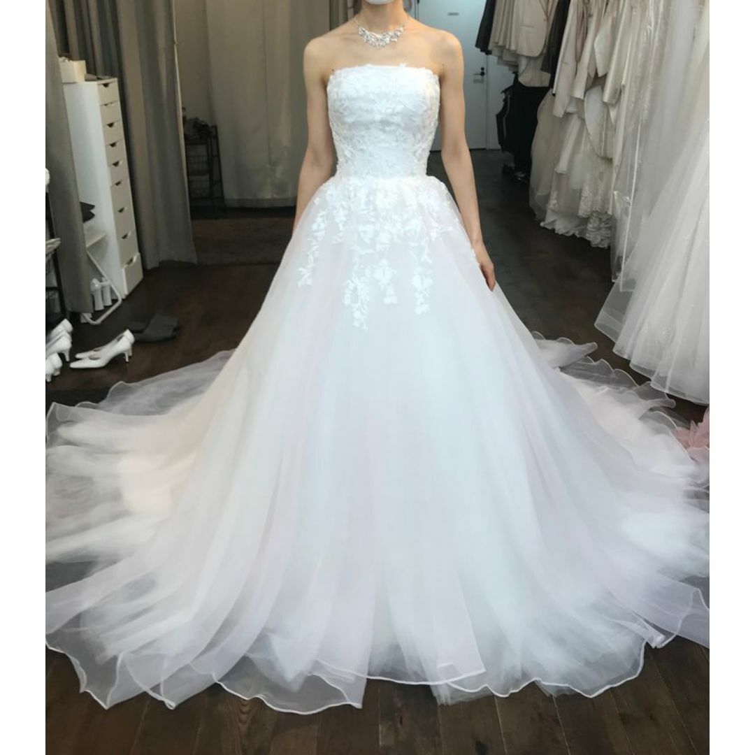 高品質！ウェディングドレス ベアトップ 繊細レース ロングトレーン 結婚式