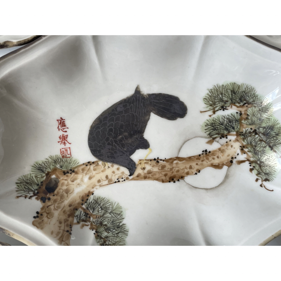骨董 アンティーク 向付 5枚 九谷焼 色絵 九谷 松鷹図 変形皿 和 骨董 アンティーク 向付 5枚 九谷焼 色絵 九谷 松鷹図 変形皿 和