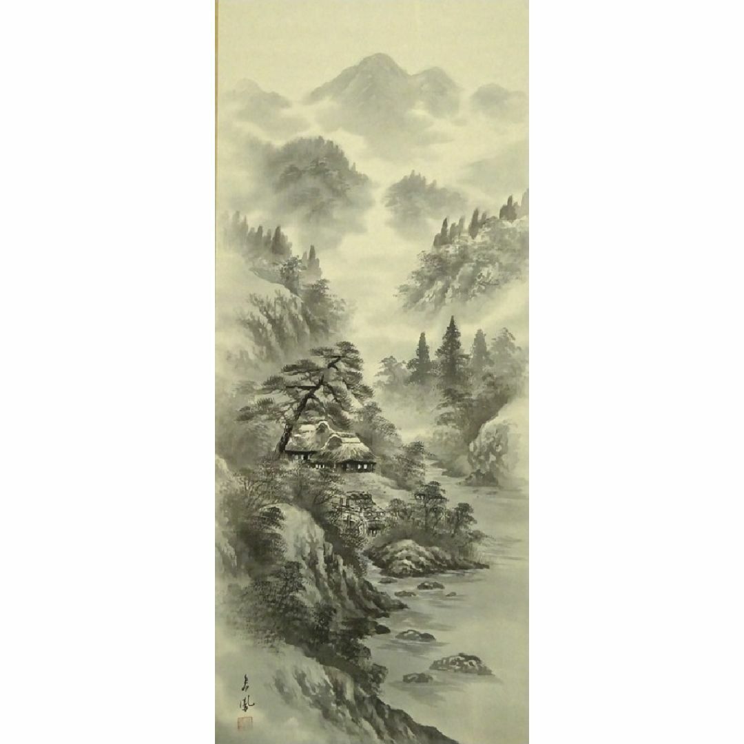 掛軸 青鳳『水墨山水図』絹本 共箱付 良好品 掛け軸 p080514-1の 掛軸 青鳳『水墨山水図』絹本 共箱付 良好品 掛け軸 p080514-1の