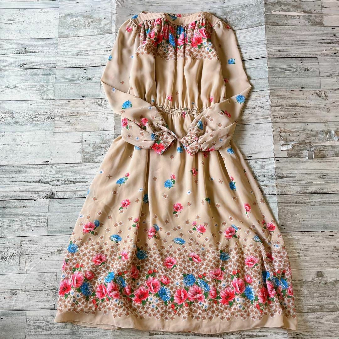 昭和レトロカラフル花柄長袖ロングワンピース透け素材上品 昭和レトロカラフル花柄長袖ロングワンピース透け素材上品