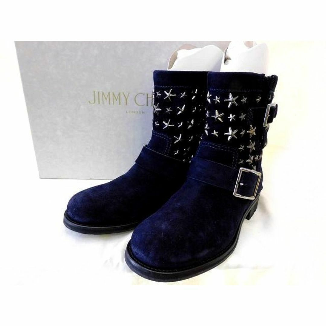 美品 ジミーチュウ JIMMY CHOO ■ ショートブーツ 37 1/2 約24.5cm スエード ネイビー系 スタースタッズ レディース シューズ 靴 □6Ｇ